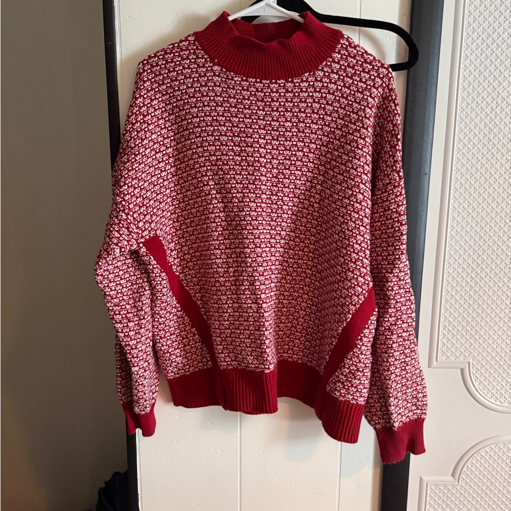 LOFT Red and White Patterned Turtleneck Sweater